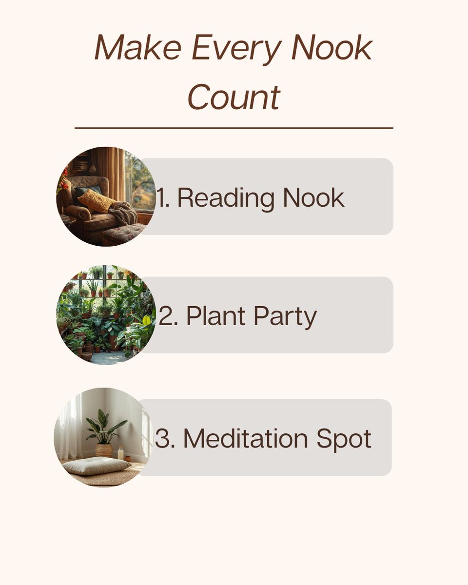 persons_wayne's tweet photo. How can you make every nook in your house count? All it takes is a little creativity. Turn small spaces into sanctuaries like these:

1. Reading Nooks 📚
2. Plant Areas 🌷
3. Meditation Spots 

Do you have a creative nook in your home? Let us know what you did https://t.co/fSAtURXbQc