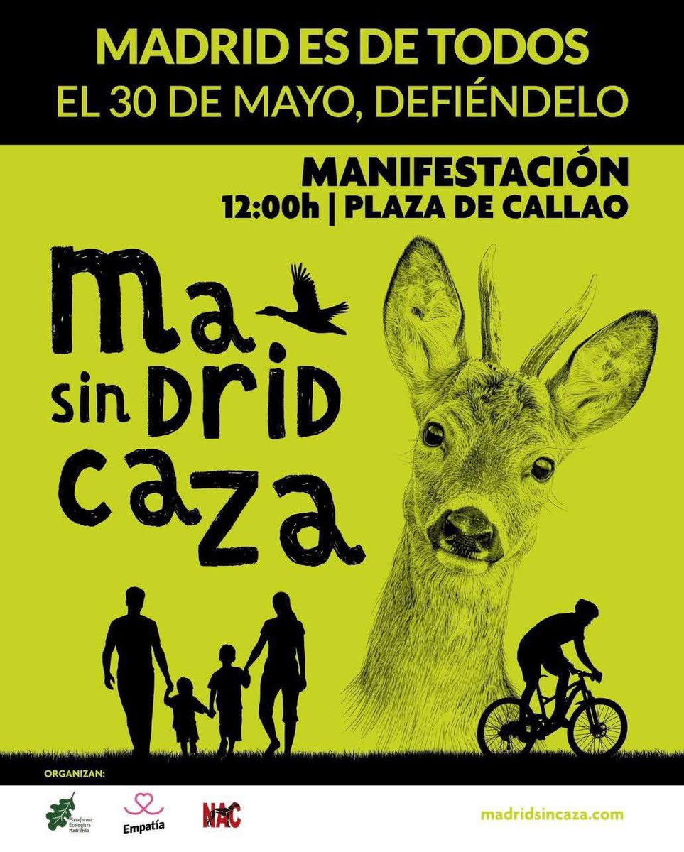plataforma_NAC's tweet photo. #Madrid , organizaciones ecologistas y animalistas nos unimos en esta manifestación👊🏽

La Comunidad de Madrid va a aprobar una ley de caza dictada por el lobby cinegético —el 0,63 % de la población— que entrega más del 70 % del territorio a los cazadores

https://t.co/vuMKT6Auwb https://t.co/2QywB6ocNo