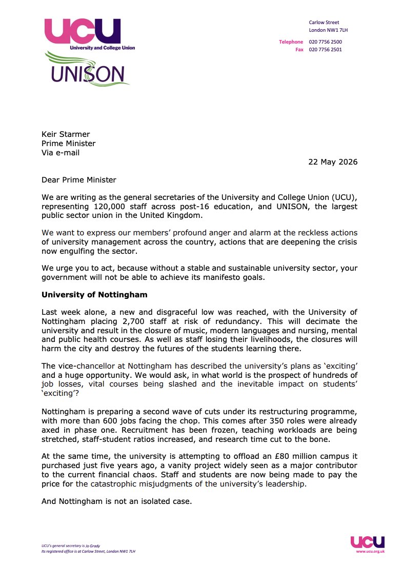 ucu's tweet photo. @DrJoGrady  and https://t.co/5jenjct2xW have written to Keir Starmer demanding emergency intervention as 15,000 jobs are lost across higher education and 2,700 staff face the axe at Nottingham alone.

When British Steel was at risk, the government nationalised it overnight. Where's that urgency now?

See our letter and the full statment below:

https://t.co/VnHVUuu9Z0