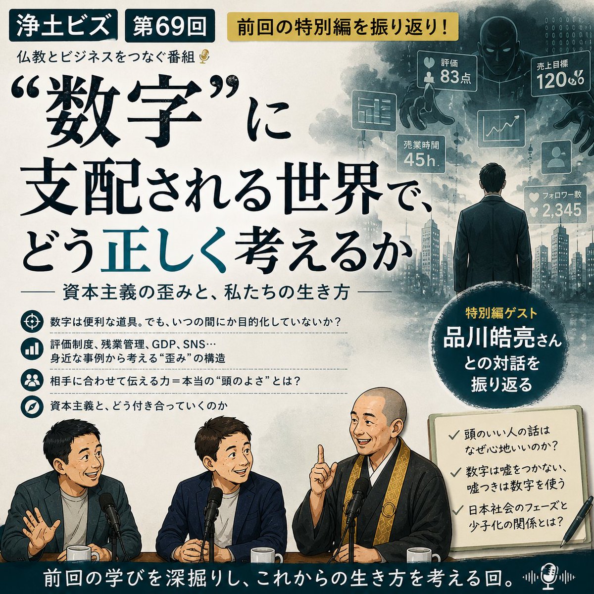 kodankobo's tweet photo. 【#浄土ビズ 第69廻】
数字は便利だけど、
気づくと「目的」になってしまう。

前回ゲスト回を振り返りながら、
資本主義との付き合い方を考える回です。

Spotify
https://t.co/KDkDjDnbD1
Apple
https://t.co/p7d8IJE66z
@match_an
@masami0m 
#浄土ビズ #鋼談工房 #鋼房 https://t.co/FniWZPry49