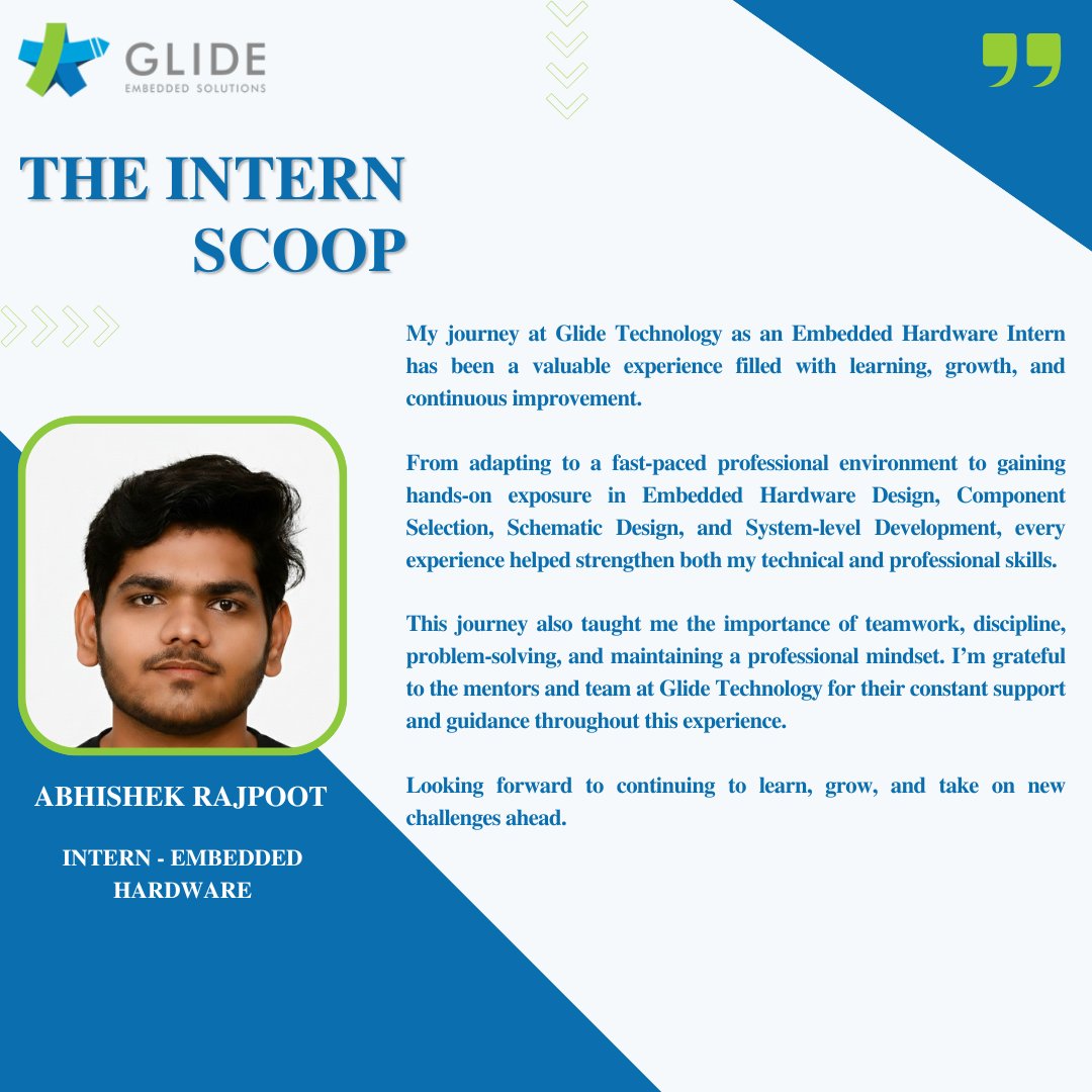glidemtech's tweet photo. “My internship at Glide Technology strengthened both my technical and professional skills through real-world Embedded Hardware experience &amp; hands-on learning” – Abhishek

🚀 Want to start your own learning journey with Glide?
🔗 https://t.co/D06mpckUVe

#Interns #GlideTechnology https://t.co/PqzGypcxeB