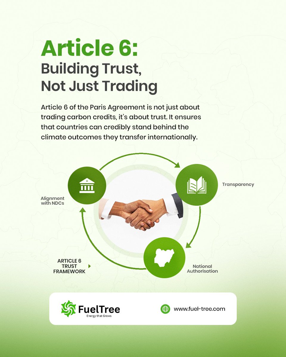 fueltree's tweet photo. Article 6 is not just a trading mechanism; it is a trust framework.

For Nigeria, this means national authorisation, transparency, and alignment with the NDC are essential. Carbon credits are sovereign climate instruments overseen by the NCCC under the Climate Change Act, 2021. https://t.co/eSRVG2qCiH
