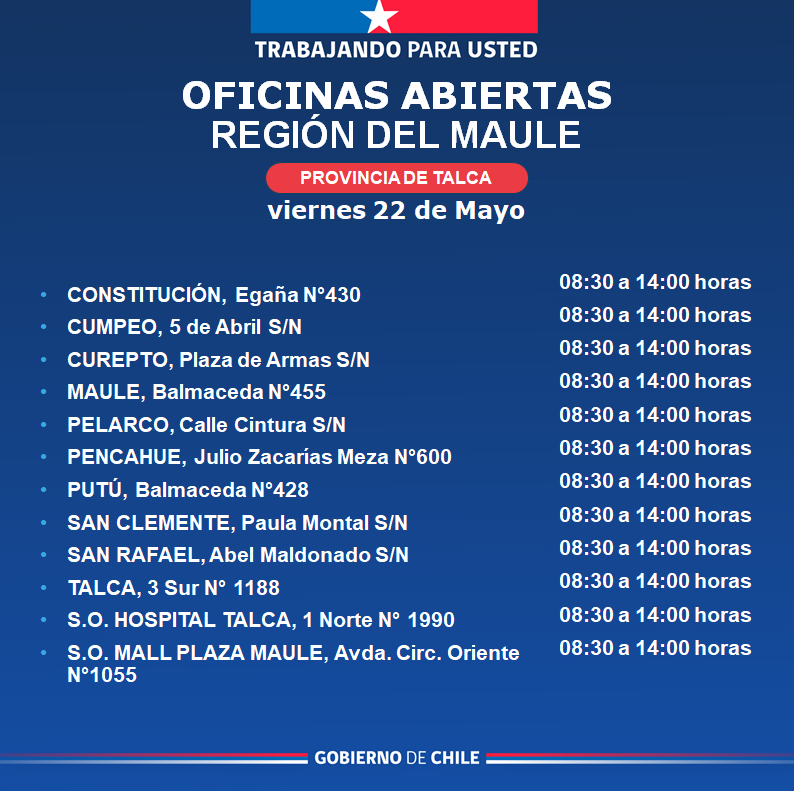 Regcivil_Maule's tweet photo. 🏢 Estas son algunas de nuestras oficinas abiertas en la Región del Maule ✅️
⏰️ Horarios de atención de 08:30 a 14:00 hrs.
Te invitamos a visitar nuestras oficinas a lo largo de la región, realiza tus trámites de manera ágil, segura y oportuna.
Desliza para más información 👉🏼 https://t.co/IwIRpwMLMs