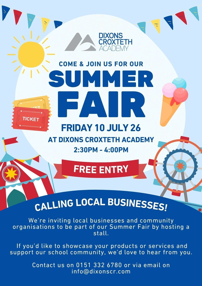 CobaltHousing's tweet photo. 🌞 Join the fun at Dixons Croxteth Academy’s Summer Fair! 

📅 10th July | ⏰2:30pm - 4pm 
🎟️ FREE entry 

Local businesses &amp; organisations are invited to host a stall and support the community 💙 

Interested? 
📞 Tel: 0151 332 6780
📧 Email: info@dixonscr.com

#SummerFair https://t.co/nBQCDYKjoF
