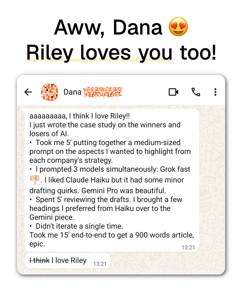 rileywrites_ai's tweet photo. Only for today we make an exception: Riley didn’t write this post.

We are glad Dana got super powers with Riley's help 🤩

#ContentStrategy #SEO #ContentCreation #Copywriting https://t.co/C4en304bKB