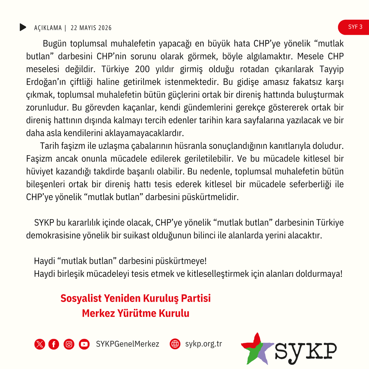 SYKPgenelmerkez's tweet photo. "Mutlak Butlan" Darbesini Püskürtmek İçin Alanlara! https://t.co/E7pzJwfCly