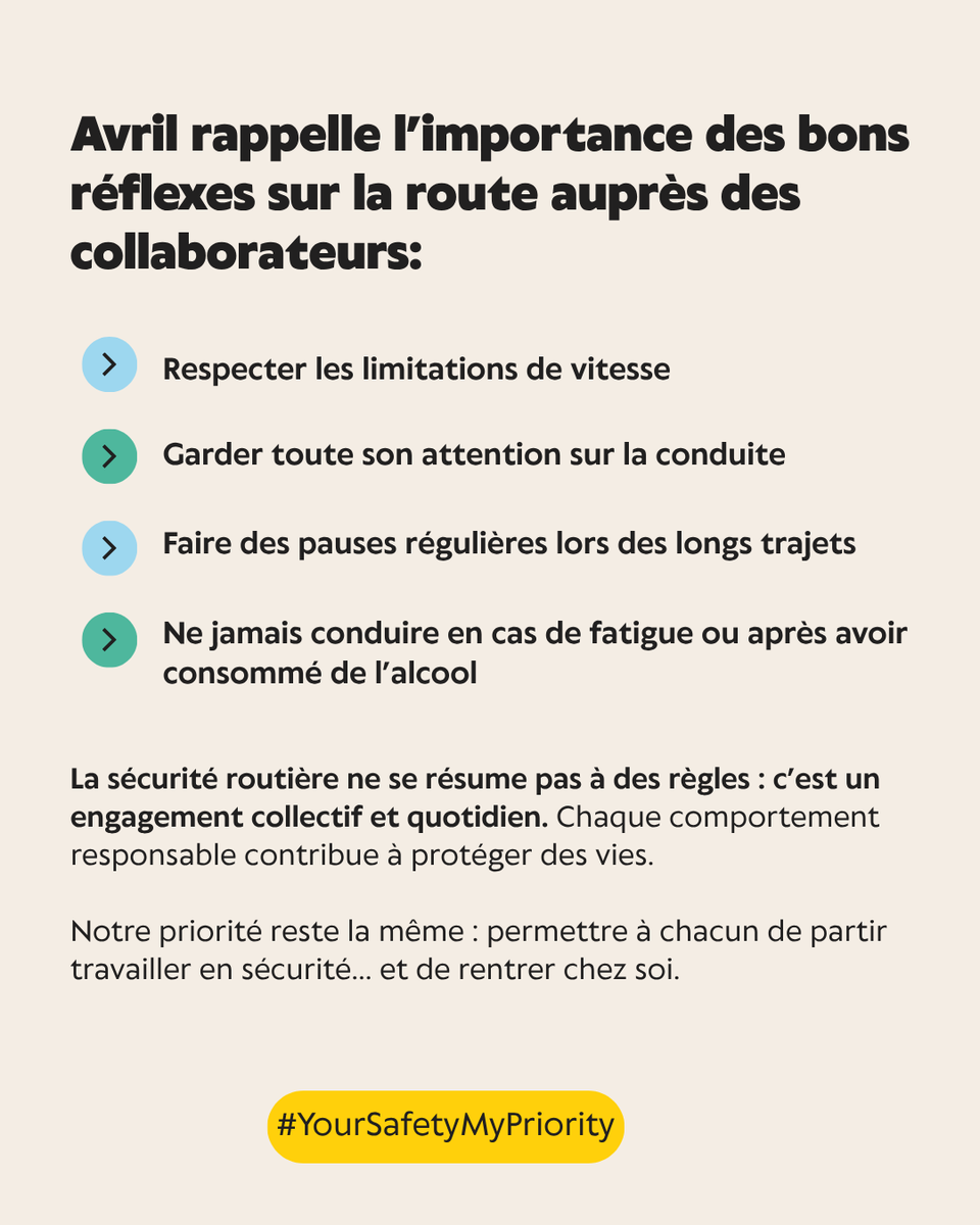 Avril's tweet photo. Chez Avril, la sécurité est une priorité absolue. Et cela commence aussi sur la route.
À l’occasion de la semaine de la sécurité routière au travail, les équipes HSE du Groupe se sont mobilisées aux côtés des collaborateurs pour rappeler des réflexes essentiels :
-  respecter les limitations de vitesse,
-  ne pas utiliser le téléphone au volant,
-  faire des pauses régulières,
-  ne jamais conduire en cas de fatigue ou après consommation d’alcool.
Parce qu’un trajet professionnel n’est jamais anodin, chaque comportement compte.
La sécurité routière est un engagement collectif, au service d’un objectif simple : partir travailler en sécurité… et rentrer chez soi .
#YourSafetyMyPriority