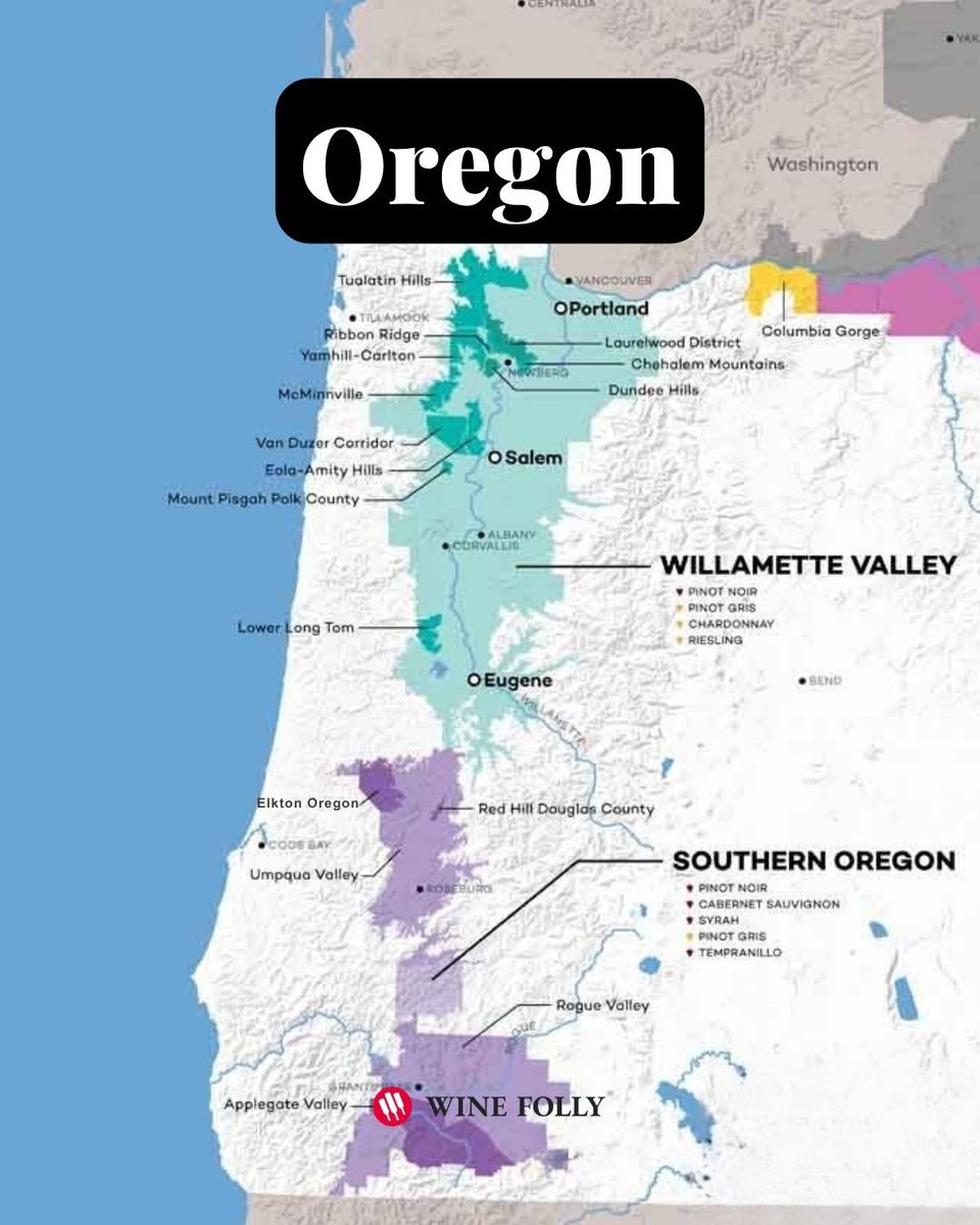 WineFolly's tweet photo. Oregon wine country is anything but one-note. Swipe the map, then decode what actually drives the styles.
The Big Picture
Latitude similar to Burgundy, but that comparison only goes so far
Strong Pacific influence in the north, continental warmth in the south and east
Elevation + topography = constant shifts in temperature, wind, and ripening speed
Result: one state, dozens of distinct wine identities
What ties it all together
Oregon wine isn’t defined by a single grape — it’s defined by site
Climate shifts happen fast: a few miles can change everything
Soil shapes structure, aromatics, and ripeness
From the Willamette Valley’s world-class Pinot Noir to the bold expressions of The Rocks District, Umpqua, Rogue, and the Columbia Gorge.
Each place tells a different story.
Each bottle captures it.
This lesson is supported by @OregonWineBoard. See Oregon for yourself and watch the Oregon Wine Film: https://t.co/jn7Nz5Ia44