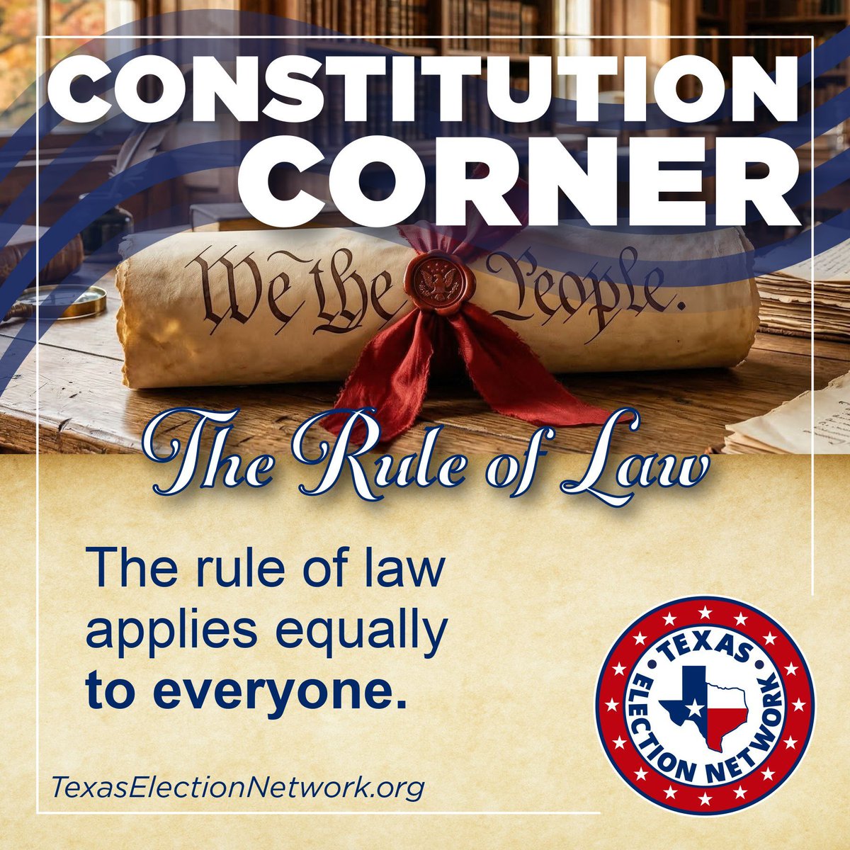 TexasElection's tweet photo. Constitution Corner
Did you know the Constitution is built on the principle of the rule of law?
This means laws apply to everyone equally, including those in positions of authority.

What constitutional topic would you like to explore?
#ConstitutionCorner #TexasElectionNetwork https://t.co/lnGzPpGkV9