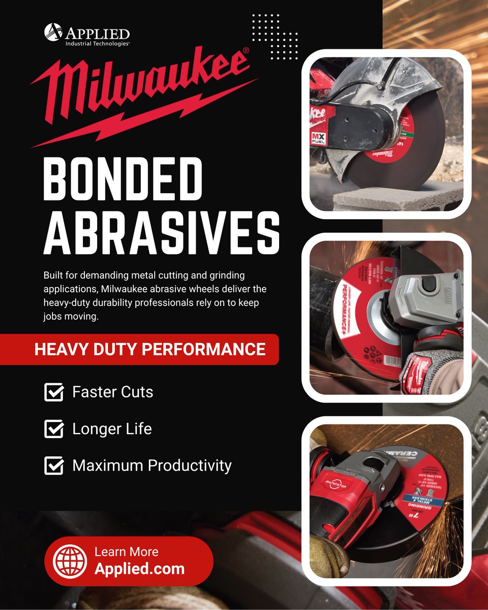 Applied_Ind's tweet photo. Cut Faster. Last Longer. @MilwaukeeTool  Heavy Duty Abrasives. Built for demanding cuts, aggressive grinding, and all-day durability, Milwaukee abrasive wheels deliver the heavy-duty performance pros trust to keep productivity high and downtime low. #MilwaukeeTool #Industrial https://t.co/41rE79RO2O