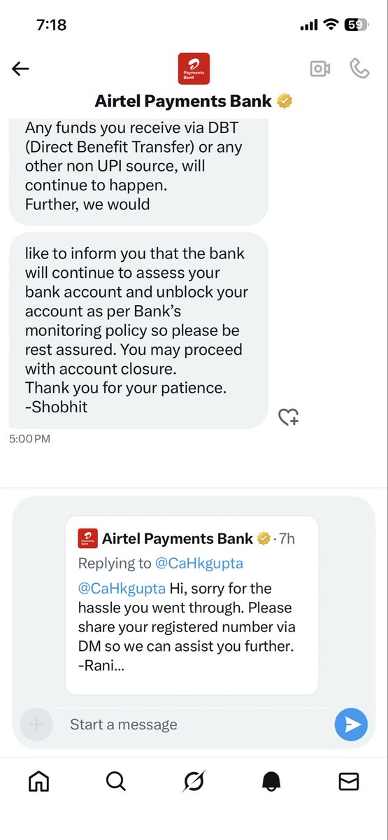 CaHkgupta's tweet photo. @airtelbank Appreciate the guy Shobhit in Airtel another idiot after Bhawna
These people are not even eager to read the query and replying any nonsense.

My query is straight that I am not able to make payment and they are replying for receiving 

Second why there is restriction upto 2K ? https://t.co/VQ4v8OZjOa
