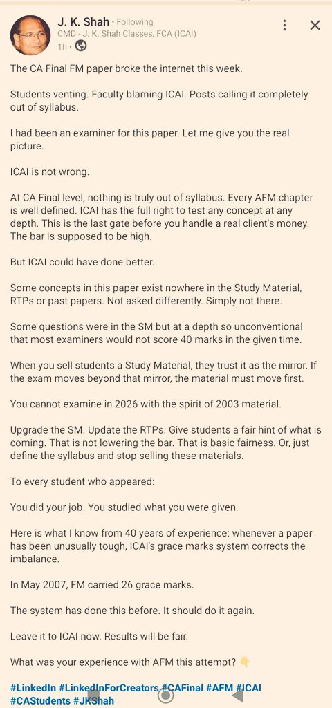 atulmodani's tweet photo. Views of JK Shah Sir on CA Final AFM paper May 2026 exams.
#ICAI #CAStudent https://t.co/Qn4ExvuDyt