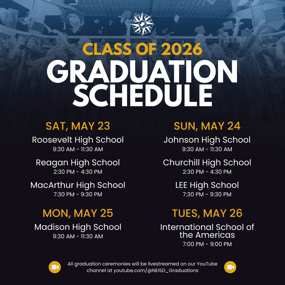 NEISD's tweet photo. Tomorrow, the first members of the Class of 2026 will walk across the stage. 🎓

Check out the full graduation schedule, and remember that all ceremonies will be livestreamed on the NEISD YouTube! 👇

🔗 https://t.co/YzRpq0nmEY

#NorthEastISD #NEISD https://t.co/0Nsxkh3Ok9