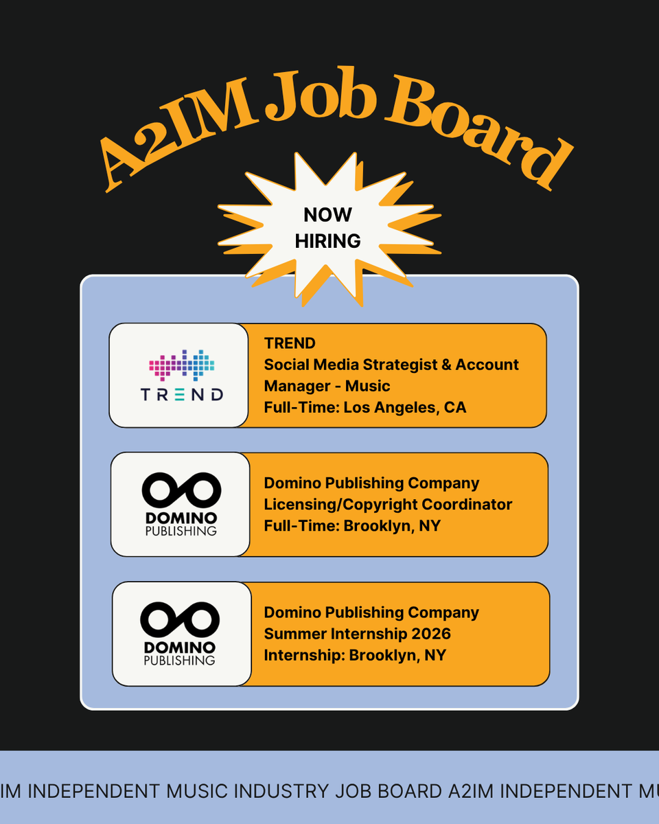 a2im's tweet photo. See what's new over on our Job Board this week!

TREND is hiring a Social Media Strategist & Account Manager
@DominoPubCo is hiring a Licensing/Copyright Coordinator and a Summer Intern
@merlinnetwork is hiring a Manager, Commercial Partnerships
@epitaphrecords is hiring an Associate Art Director

Learn more and apply: https://t.co/iGE9pitzod