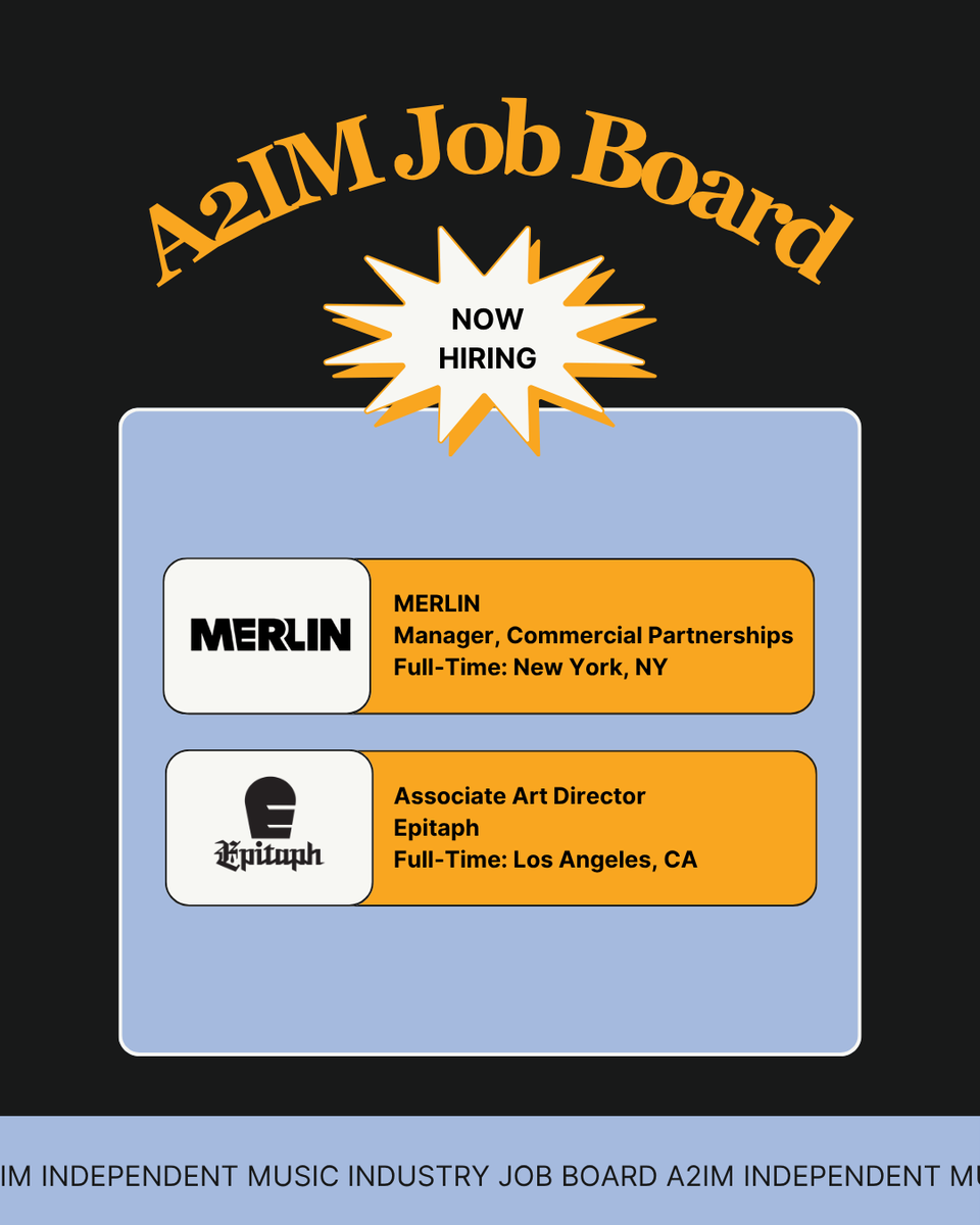 a2im's tweet photo. See what's new over on our Job Board this week!

TREND is hiring a Social Media Strategist & Account Manager
@DominoPubCo is hiring a Licensing/Copyright Coordinator and a Summer Intern
@merlinnetwork is hiring a Manager, Commercial Partnerships
@epitaphrecords is hiring an Associate Art Director

Learn more and apply: https://t.co/iGE9pitzod