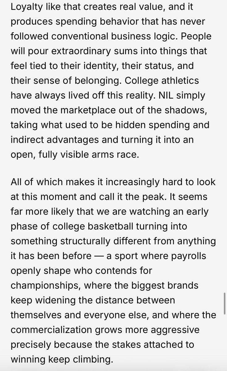 WinterSportsLaw's tweet photo. Excellent piece explaining why the market for men’s college 🏀 players has lots of room to grow and will likely continue going up.

Also has a great discussion on how the top programs are not just college 🏀 programs, they’re now media properties with big revenue potential. https://t.co/Xo7h7DKnm6