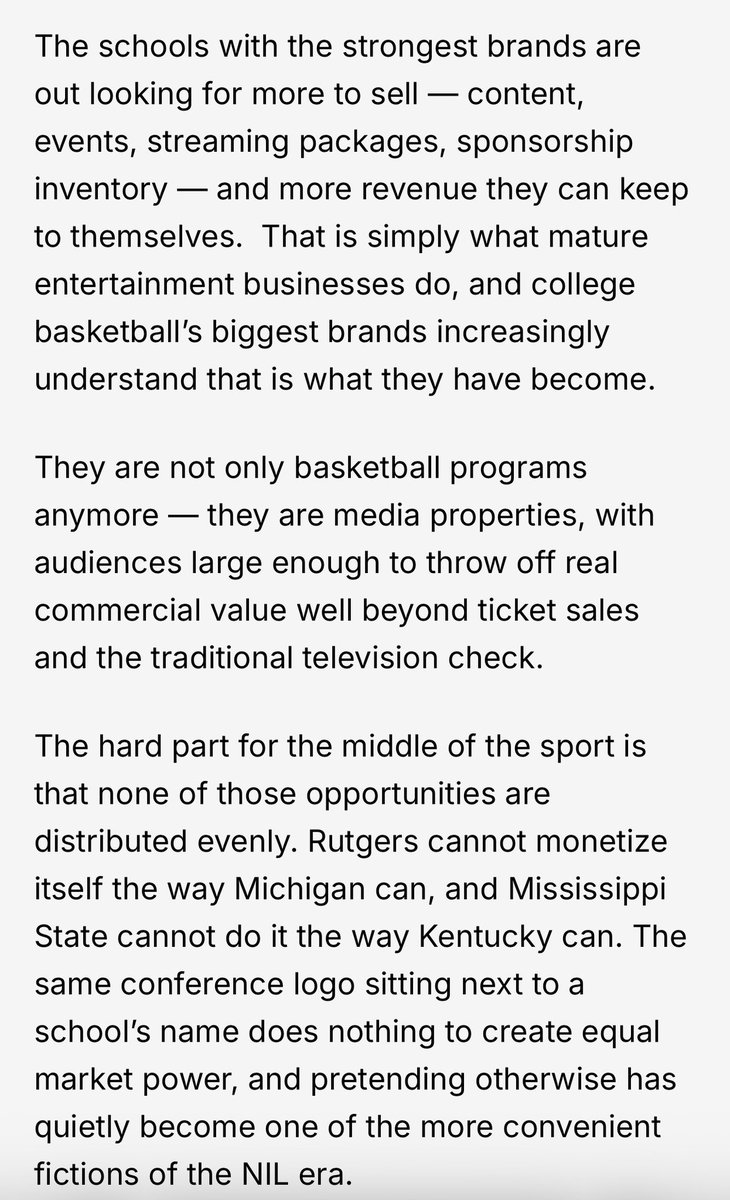 WinterSportsLaw's tweet photo. Excellent piece explaining why the market for men’s college 🏀 players has lots of room to grow and will likely continue going up.

Also has a great discussion on how the top programs are not just college 🏀 programs, they’re now media properties with big revenue potential. https://t.co/Xo7h7DKnm6