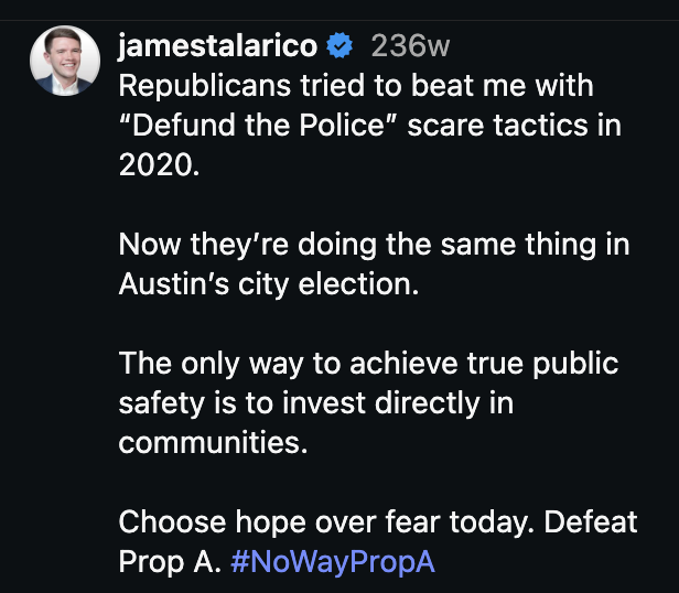 data_atx's tweet photo. What did James 'tough on crime' Talarico mean by this while he was campaigning against an Austin proposition that would have expanded the police force?

"The only way to achieve true public safety is to invest directly in communities" https://t.co/6xrG5aEMqw