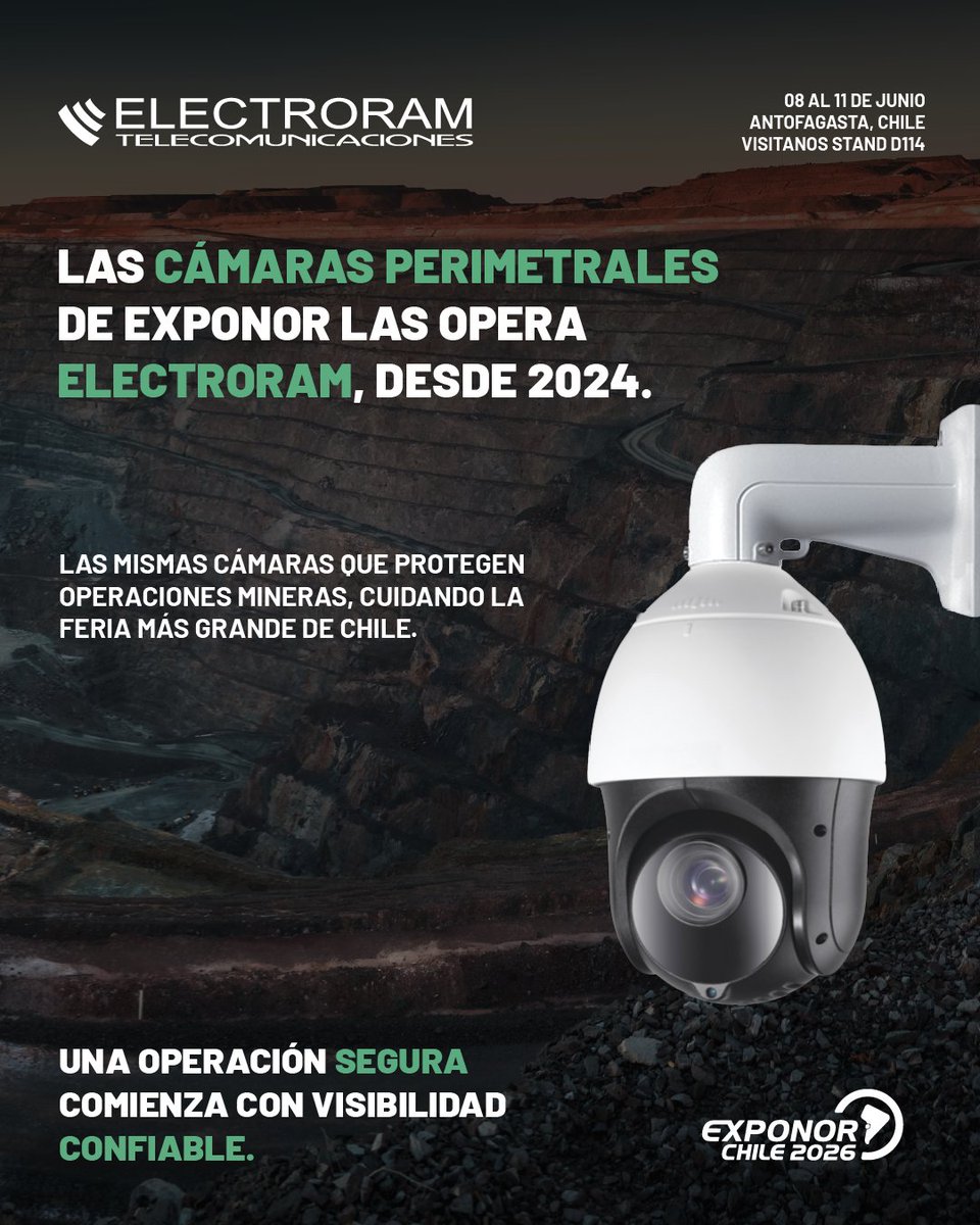 exponorcl's tweet photo. En EXPONOR 2026, la seguridad comienza con visibilidad confiable 📹

Las cámaras perimetrales de Electroram Telecomunicaciones, hoy protegen al evento eventos más importantes del año.

Tecnología diseñada para monitoreo continuo, control perimetral y operación segura. https://t.co/ujvH8JER0g