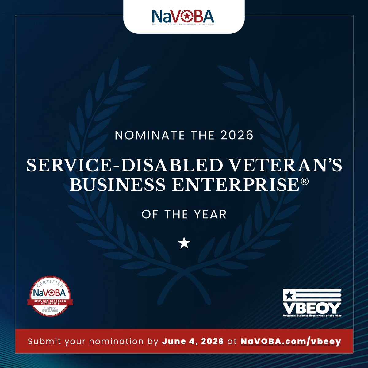 NaVOBA's tweet photo. ⏰ Deadline Extended! ⏰

Nominations for the Service-Disabled Veteran’s Business Enterprise® of the Year award are now open through June 4, 2026.

Know an outstanding SDVBE? Nominate them today.

Nominate now 👉 https://t.co/OdWhGRQ4Gy

#SDVBE #VeteranOwned #SmallBusiness https://t.co/6eTnslex9d