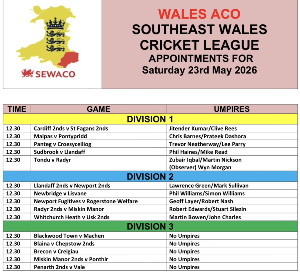 merthyrwicky's tweet photo. @SEWCLeague Umpire appointments for 23.05.26 @AcoWales @sewalesaco1 https://t.co/mpMxx61dgr