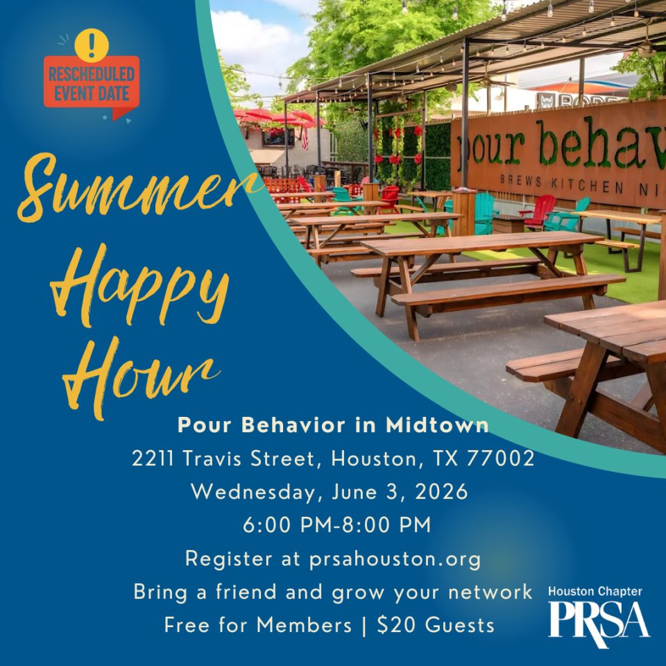 PRSAHouston's tweet photo. Come relax, recharge, and enjoy an evening of great company with PRSA Houston at Pour Behavior. We look forward to seeing you there.

Date: Wednesday, June 3rd 
Location: Pour Behavior, 2211 Travis Street, Houston, TX 77002
Time: 6:00p-8:00p
Register at https://t.co/Bhw5TtZduJ https://t.co/WgQUTeLpnh