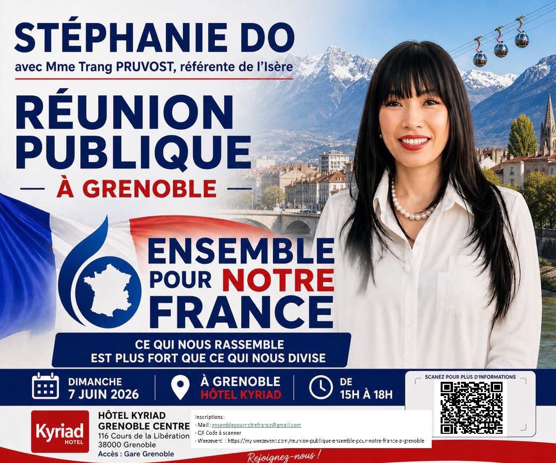 DoStephanie_77's tweet photo. ✨ Réunion publique à #Grenoble 
📍 Hôtel Kyriad Centre, 116 Cours de la  Libération, 38000 Grenoble
📍 Dimanche 7 juin 2026
Notre site internet : https://t.co/elRLbOTttK
🕒 15h00 : Accueil
🎵 15h30 : Ouverture musicale
🗣️ 16h00 - 18h00 : Débat public et échanges https://t.co/muk1QhfG1K