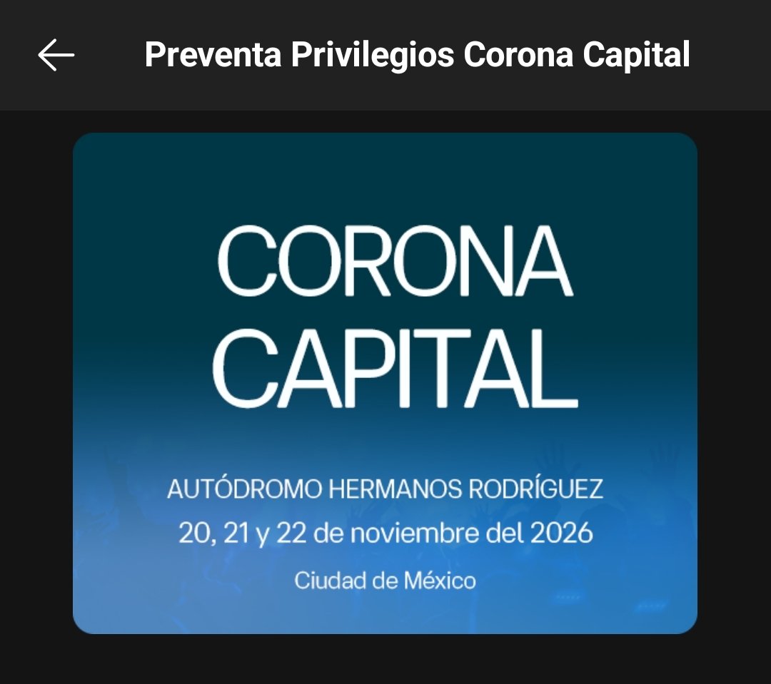 ThaWake's tweet photo. 🚨 Preventa Privilegios Banamex Beyond Conquista Corona Capital 2026🚨

🏟️ Autódromo Hermanos Rodríguez
📍CDMX
📆Noviembre 20,21 y 22, 2026

🔗https://t.co/jwHysOBMLs

ℹ️link preventa Priority será el mismo el lunes.

⏳inicia 9 am
⌛Termina 8:59 pm https://t.co/IDMixx6ngB