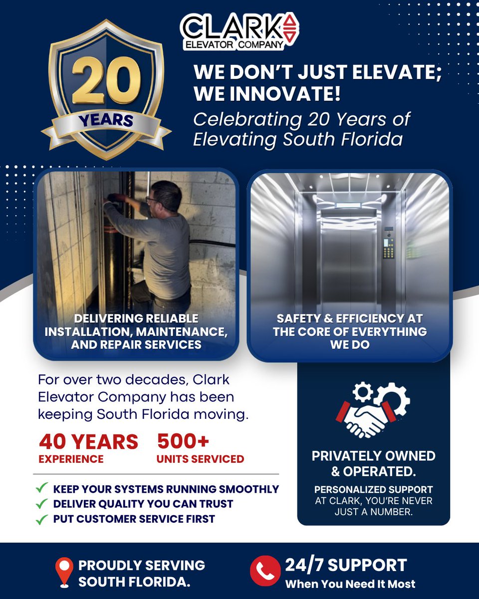 ClarkElevator's tweet photo. 20 Years of Elevating South Florida 🚀
#ClarkElevator #20YearsStrong #SouthFlorida #ElevatorExperts #InnovationInMotion https://t.co/WBK40fpM0D