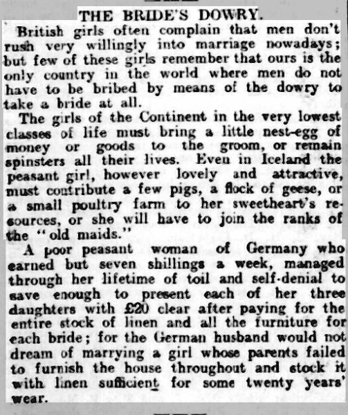 thisisshah_'s tweet photo. Hi Rich, I noticed you mentioned dowry in your video clip. Here are some cool dowry history sources you may enjoy reading:
"No More Dowry Italy" Independent Press Telegram - Feb 6, 1972
"The Bride's Dowry" Hampshire Advertiser - Saturday 13 April 1907
"Greek Times Urged to Abolish Dowry System" - The New Times 10-23-1976 (This one is funny because it mentions Greek parliament providing a large dowry to Princess Sophia on her marriage to Prince Juan Carlos, funny because Dave Ramsey called that woman in debt a "princess" LOL
The next one is a snip from a paper called The Economics of Dowry and Brideprice by Siwan Anderson

I am a smaller YouTuber but if you are willing I'd love to have a conversation with you about the history of dowry sometime.