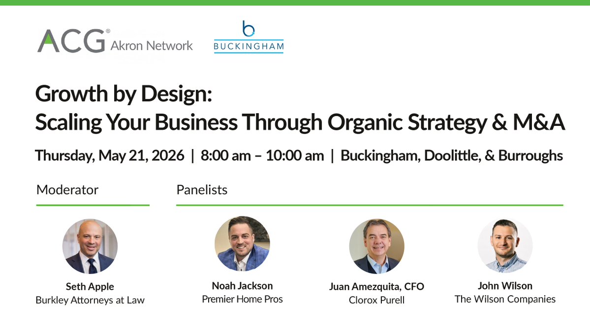 ACG_CLE's tweet photo. FINAL CALL: There’s still time to join us next Thursday for ACG Akron’s conversation on growth, strategy, and scaling a business the right way. This panel brings together leaders with firsthand experience balancing organic growth and acquisitions: https://t.co/2NeFMoYw4m https://t.co/SgWRf16YBt