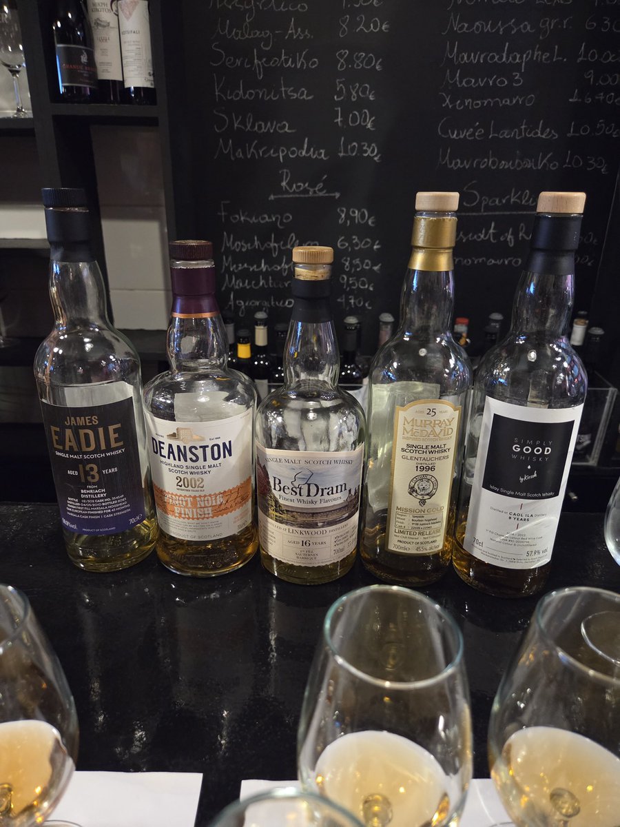 drinksnspirits's tweet photo. When whisky meets wine with @WhiskyGreek 

Line up:

• BenRiach 13 years old, James Eadie, Marsala Hogshead,(59,9%)
• Deanston 17 years old, Pinot Noir Finish (50,0%)
• Linkwood 16 years old, Best Dram, 1st Fill Sauternes (55,4%) 
• Glentauchers 25 years old, Murray McDavid, https://t.co/hQl93gBKZ6