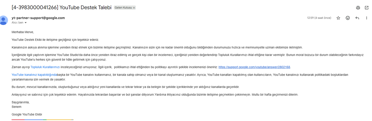 nerminaytv1's tweet photo. @TeamYouTube Şablon maillerle beni geçiştirmeyin! Ben kuralları ihlal etmedim, sadece kurallara uymak için yönetici bağını kopardım ve sisteminiz beni yanlış eşleştirdi. Lütfen dosyamı üst inceleme birimine (escalate) aktarın ve manuel inceleyin! Kanal: https://t.co/ABpD5KFvKW https://t.co/xdr3o8Aj3H