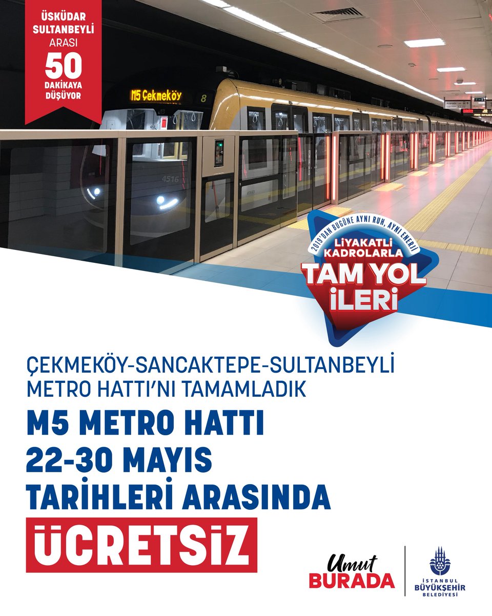 nuriaslan_tr's tweet photo. Metromuz çok güzel oldu.

Çekmeköy- Sultanbeyli metromuz 22 - 30 Mayıs tarihleri arasında ücretsiz olarak halkımızın kullanımında. https://t.co/F9Sm4gPS99