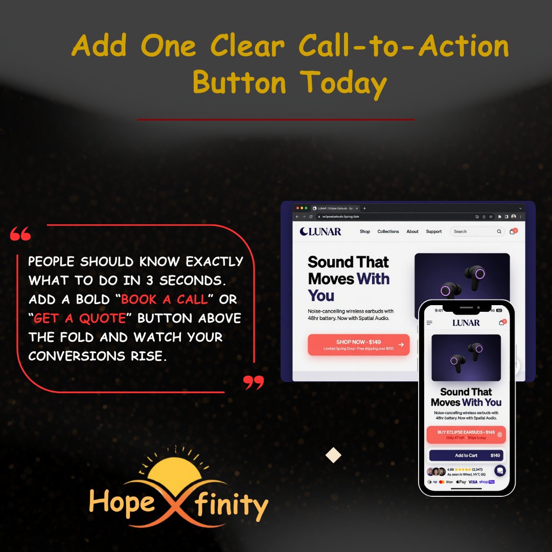hopefinity0's tweet photo. People should know exactly what to do in 3 seconds.  
Add a bold “Book a Call” or “Get a Quote” button above the fold and watch your conversions rise.

Who’s adding their CTA button this weekend? 
#Hopefinity #WebsiteTips #CallToAction #SmallBusinessGrowth #ConversionOptimization https://t.co/IJoCOG1Ej5