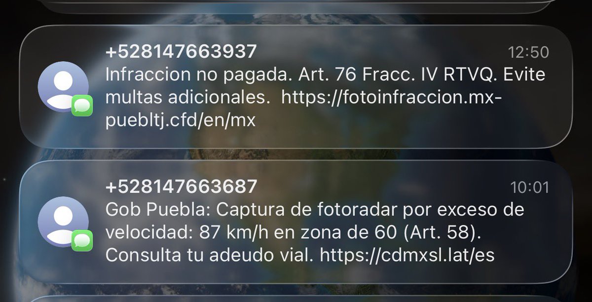 Chava_SD's tweet photo. Gente de Puebla, no hagan caso a estos mensajes, no abran el link.

Me llegaron los mensajes y he visto que le han llegado a varias personas. Si tienen duda, vayan directo al sitio https://t.co/eEclmbR2Kk, pongan sus placas y sabrán si tienen foto multas por pagar.

Ah, y de paso, respeten los límites de velocidad aunque traigan placas foráneas. Sí, sé que algunos límites son absurdos, pero es la ley y tenemos que respetarla.