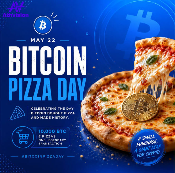 Athvision's tweet photo. From pizza to portfolios. 🍕➡️₿
Celebrating the day Bitcoin made history.

Happy Bitcoin Pizza Day!  🎉🥂

#BTC #BitcoinPizzaDay #Athvision https://t.co/ojZ82CMsbG