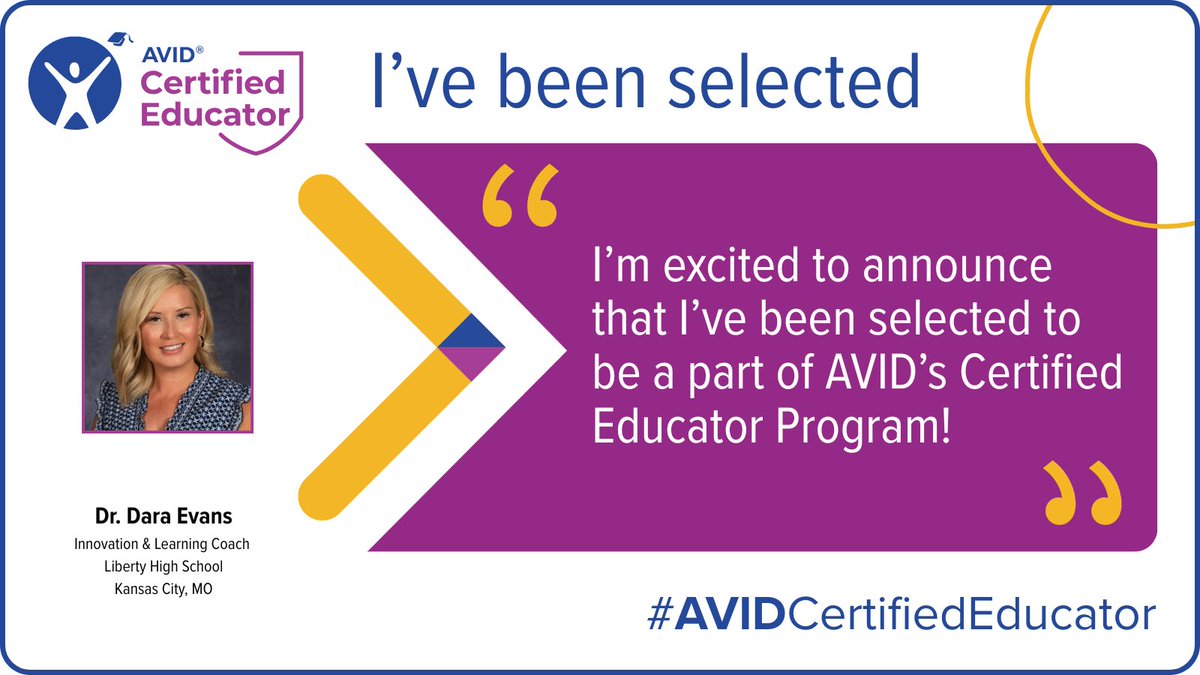 DrDaraEvans's tweet photo. Absolutely thrilled to have been selected to be part of AVID's Certified Educator Program! Excited to work with my cohort to design classroom experiences that prepare students for college and careers. Can't wait to share our journey! https://t.co/zLE0PxHkNr #AVIDCertifiedEducator https://t.co/0wanfGBaco