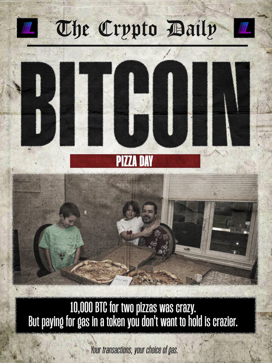 use_legion's tweet photo. Happy ₿itcoin Pizza Day.

​10,000 BTC for two pizzas. A historic choice.

​Not needing a native gas token to make a transaction. That’s your choice. https://t.co/asCn0jeoFM