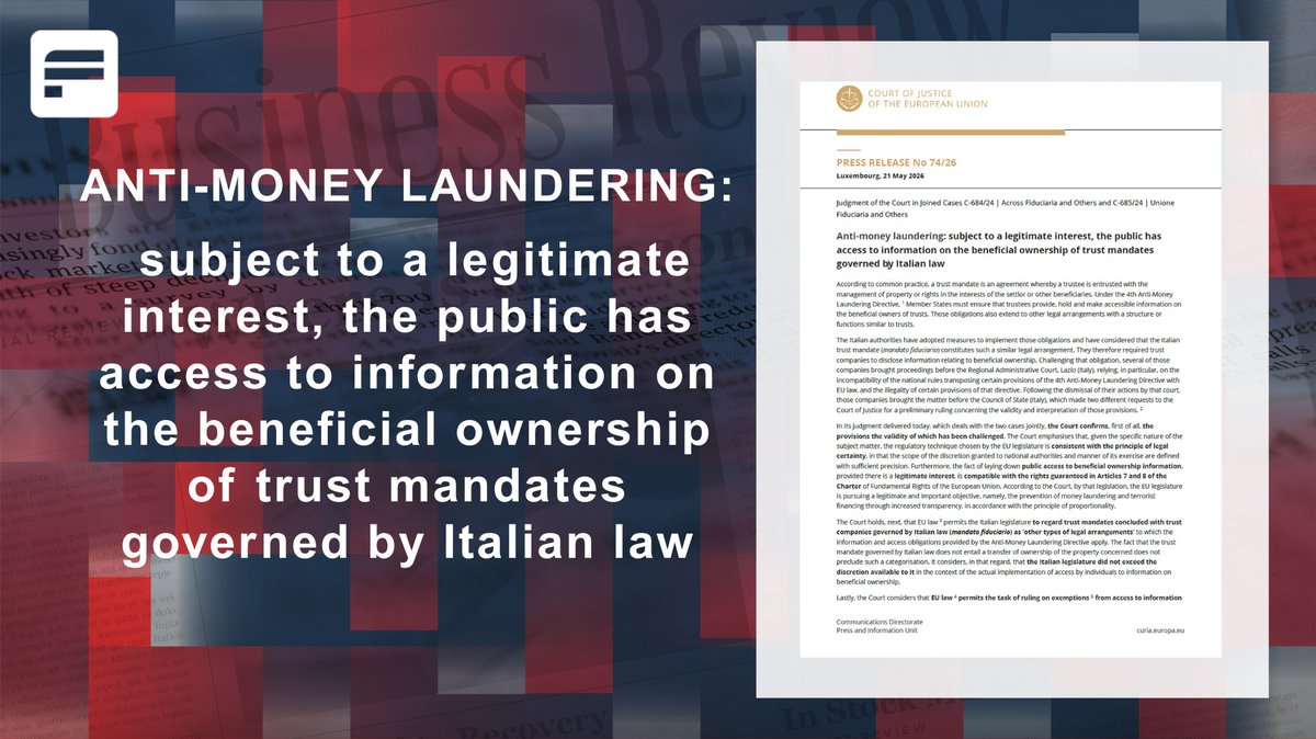 FebisOf's tweet photo. The Court of Justice of the European Union (CJEU) has issued an important judgment regarding public access to beneficial ownership information linked to Italian trust mandates. 
👉 Read more on the FEBIS blog: https://t.co/RTk0mThvxE https://t.co/NJY0sO8hE0