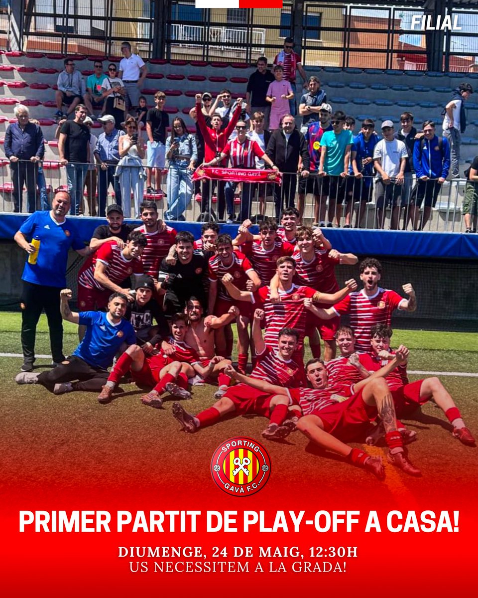 FCSportingGava's tweet photo. 🔴⚪ PLAY-OFF D’ASCENS

Aquest diumenge, el Filial afronta el partit d’anada del play-off d’ascens.
Un partit molt important per continuar somiant junts.

📍 Can Tintorer
🗓️ Diumenge
🕧 12:30

Necessitem el suport de tota l’afició!

Som-hi Sporting! 🔴⚪ https://t.co/zMF20DWaPZ