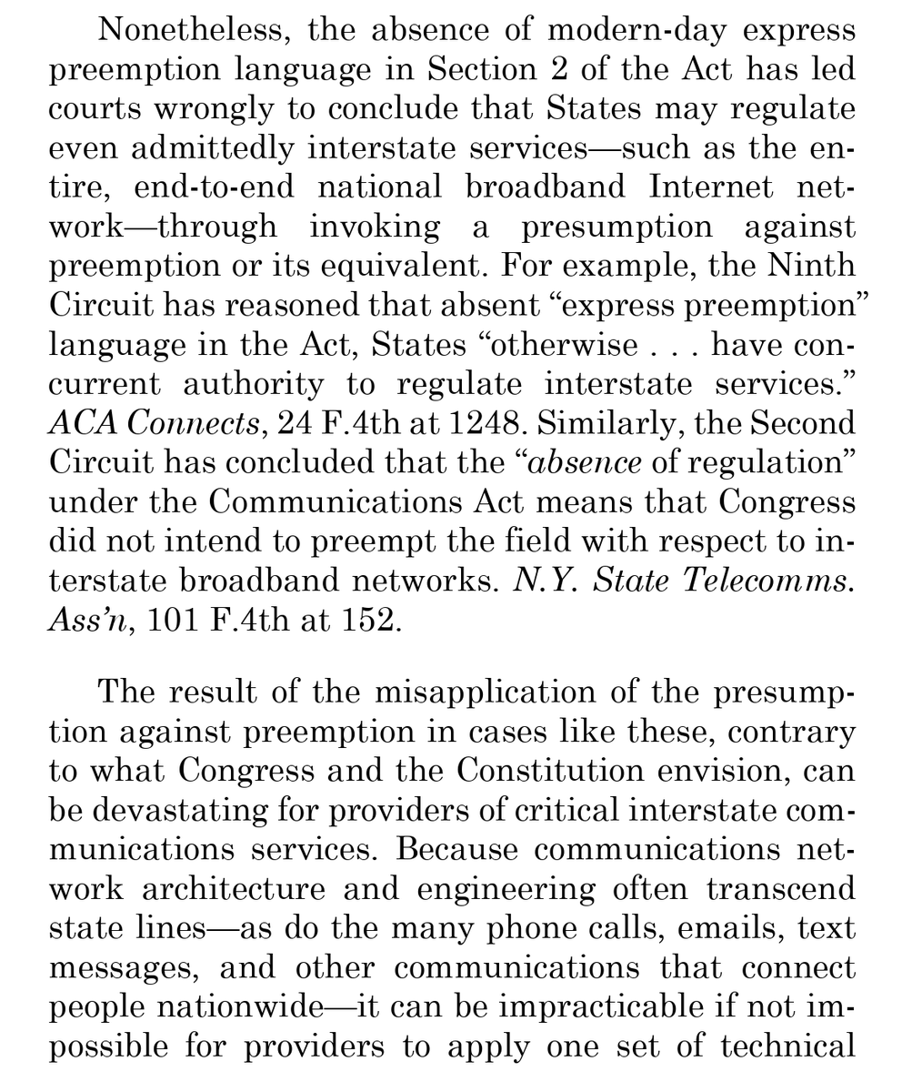 AjitPai's tweet photo. Some states have sought to regulate economic activities that are inherently national in nature and traditionally regulated at the federal level. Yesterday, @CTIA submitted an amicus brief to #SCOTUS arguing that "preemption should be 'presumed' in such 'primarily . . . federal' areas." You can read our brief here: https://t.co/zOupkKdZY1