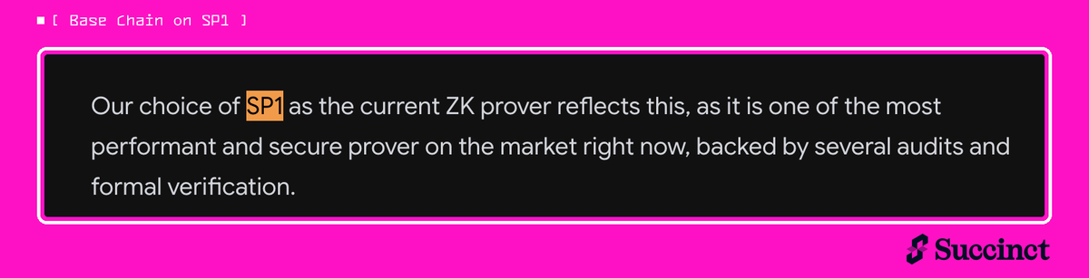 SuccinctLabs's tweet photo. Succinct is bringing zero-knowledge proofs to @base. The upcoming Azul upgrade will use SP1 to prove every transaction on the network.

Succinct will soon secure over $10 billion across major rollups, making SP1 the most widely deployed zkVM in production. https://t.co/rXCK90pwin