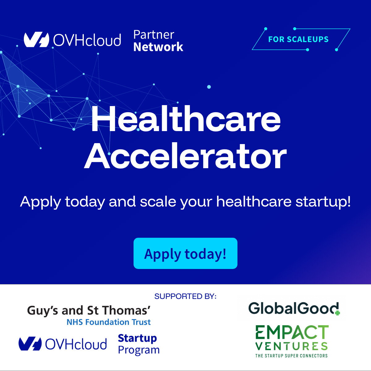 OVHcloud's tweet photo. Launch your healthcare #startup to new heights with OVHcloud's 10-week accelerator program! 
Equity-free, with €50K in cloud credits, top-tier mentorship, pilots &amp; more! 

🗓️ Apply by July 7 
 
@OVHcloudStartup @empactventures #HealthcareAccelerator