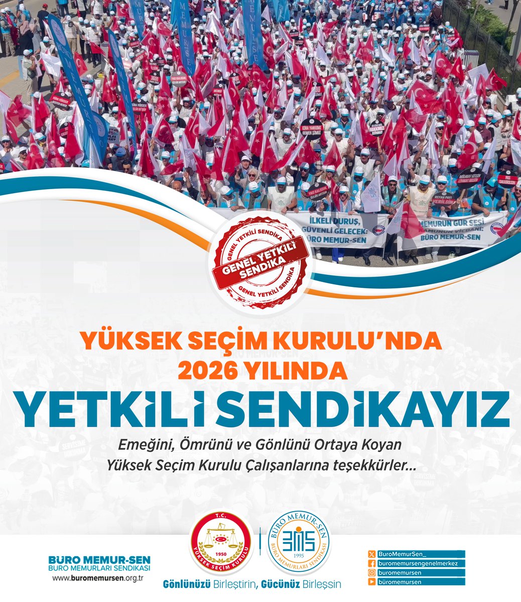 BuroMemurSen_'s tweet photo. YÜKSEK SEÇİM KURULU'NDA 2026 YILINDA YETKİLİ SENDİKAYIZ

🔻Emeğini, ömrünü ve yüreğini ortaya koyan Yüksek Seçim Kurulu (YSK) çalışanlarına,

🔻#BüroMemurSen’i zirvede tutan, yetkiyi her daim emin ellere teslim eden kıymetli üyelerimize ve büyük bir özveriyle çalışan teşkilatımıza; emekleri, gayretleri ve sendikal mücadelemize verdikleri güçlü destek için 

TEŞEKKÜRLER

#Yetkide15AltınYıl