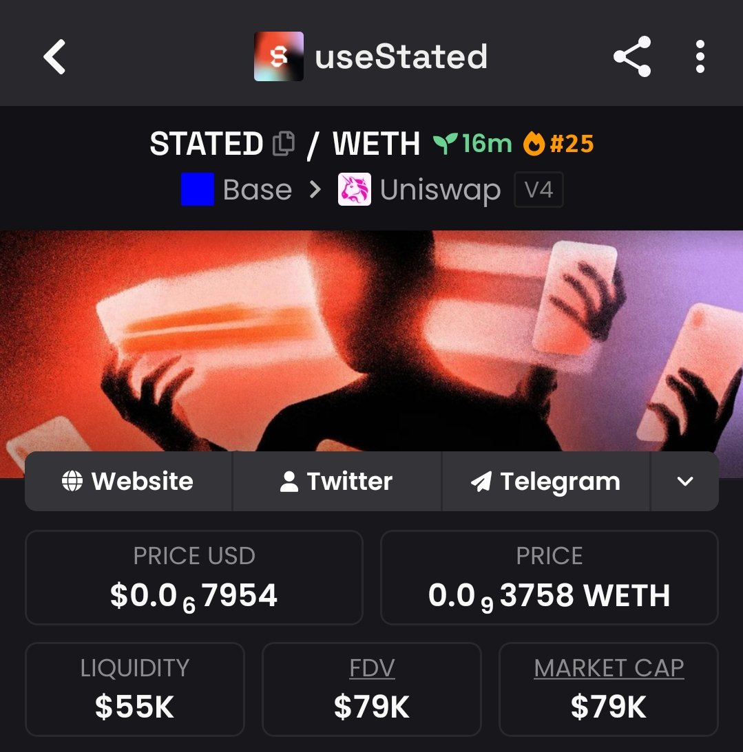 Cryptoo_Gems's tweet photo. $STATED just went live and I’ve taken a position.

It’s a DeFi AI agent you can interact with using plain English no complex interfaces needed.

 Behind the scenes, it runs a five-step pipeline that understands your intent, finds the best execution path, checks for safety, and settles everything on-chain via x402.

You can also set automated rules that track the market and execute trades on your behalf.

This is a multiple million cook in making ⏳

It's #BASE utility szn, so don't fade 

CA: 0x7633CAE63F60343E39A47a62c5f254e4e85AAB07

Degen play #nfa #dyor