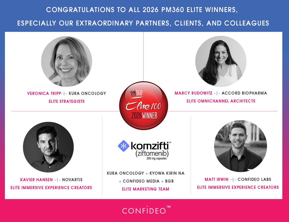 ConfideoLabs's tweet photo. 📣 Congratulations to all 2026 @PM360online  ELITE winners, especially our extraordinary partners, clients, and colleagues >>

🏆 Veronica Tripp -|- Kura Oncology, Inc. - ELITE Strategists 
🏆 Marcy Rudowitz -|- Accord BioPharma - ELITE Omnichannel Architects
🏆 Xavier Hansen -|- Novartis - ELITE Immersive Experience Creators
🏆 Matt Irwin -|- Confideo Labs - ELITE Immersive Experience Creators
🏆 KOMZIFTI Marketing Team -|- Kura Oncology, Inc. + Kyowa Kirin, Inc.- U.S. + BGB Group + Confideo Media - ELITE Marketing Team 

✨ The #PM360ELITE Awards honor exceptional individuals and teams in healthcare and life sciences who are making a mark on our industry, patients, colleagues, and the world. 

🎉 Congratulations to all those recognized; your leadership, innovation, and transformative impact inspire us!

🔗 Read more + view each profile >> https://t.co/Dpt4WtZg6N

#PM360ELITE #ConfideoLabs #ConfideoMedia