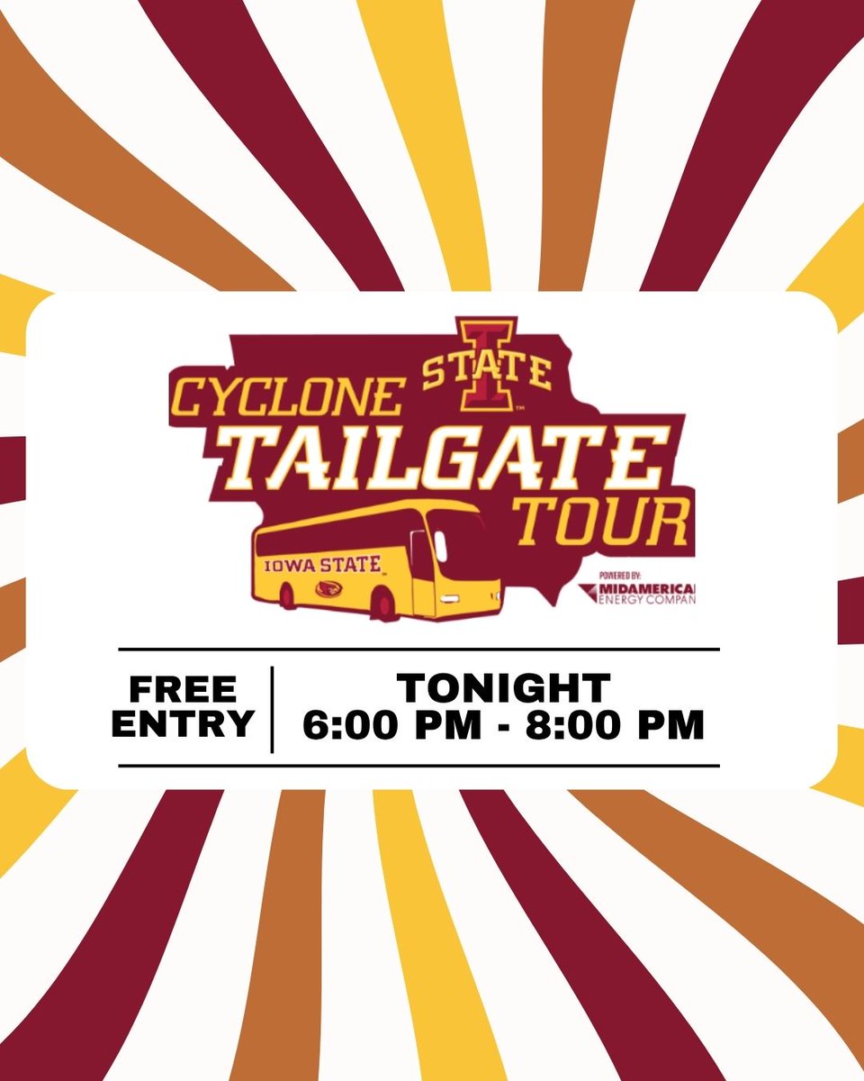 BackAtTheMac's tweet photo. The Cyclone Tailgate Tour is TONIGHT!

Join the fun at the Mid-America Center for an evening of Cyclone pride, energy, and excitement! Doors at 5:30 pm!

📅 TONIGHT
⏰ 6:00 PM – 8:00 PM
🎟️ FREE ENTRY

Learn more 👉 https://t.co/i0M1tlwZjC
#CycloneNation #TailgateTour #FreeEvent https://t.co/Cbnx2OQjrz