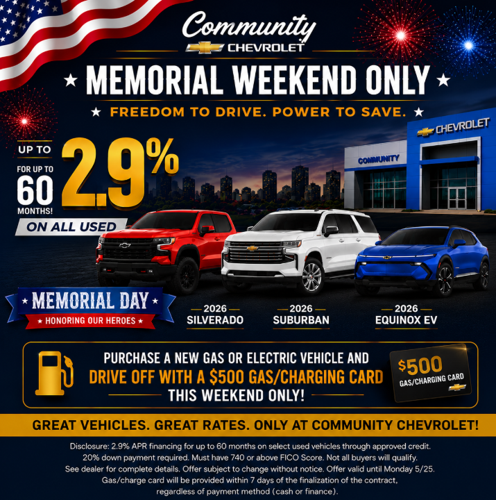 ChevyBurbank's tweet photo. This Memorial Day Weekend only: get up to 2.9% APR for up to 60 months on all used vehicles, plus a $500 gas/charging card with the purchase of a new gas or electric vehicle!

Don't miss out: https://t.co/Vk0ZCPdqGM https://t.co/qKEvs6tFRd