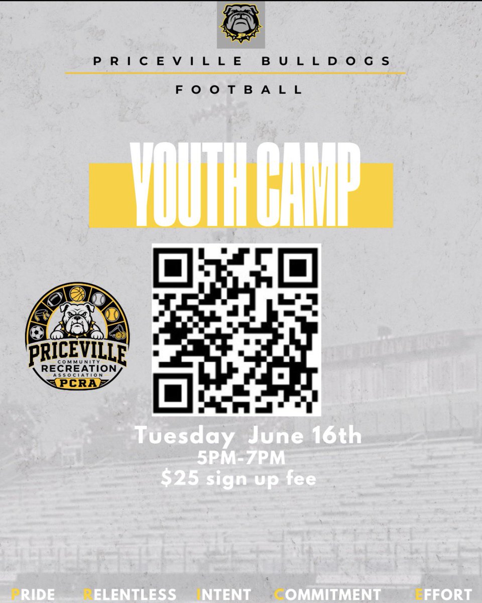 PricevilleFB's tweet photo. PHS Booster Club is teaming up with PCRA to host a youth football camp! 

Scan the QR code or click the link below to sign up. 

https://t.co/oPZbuaPqIe

@Coach_ABurke @CoachStephenEz #PTP https://t.co/esqUM4MYUQ